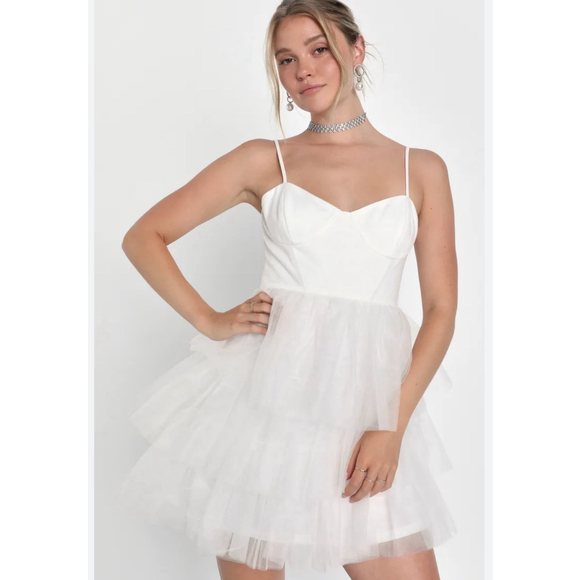 Lulus Dresses & Skirts - New Rule the Runway White Tulle Bustier Tiered Mini Dress Lulus
